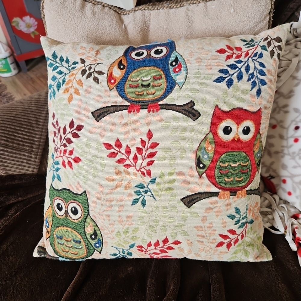Whimsical Colorful Owl Tapestry Accent Pillow